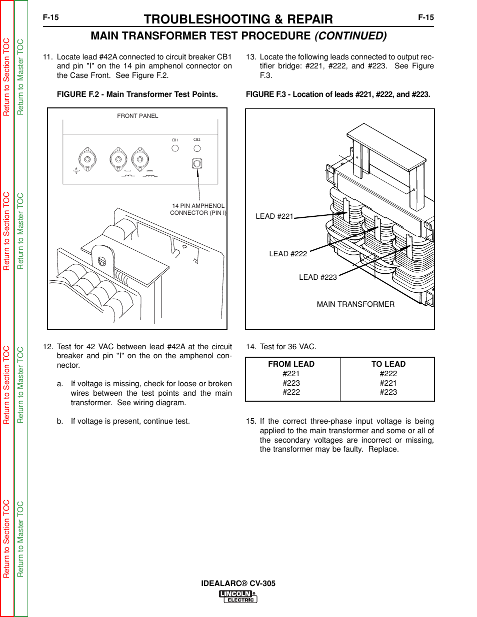 Troubleshooting & repair, Main transformer test procedure (continued) | Lincoln Electric IDEALARC CV-305 User Manual | Page 47 / 97