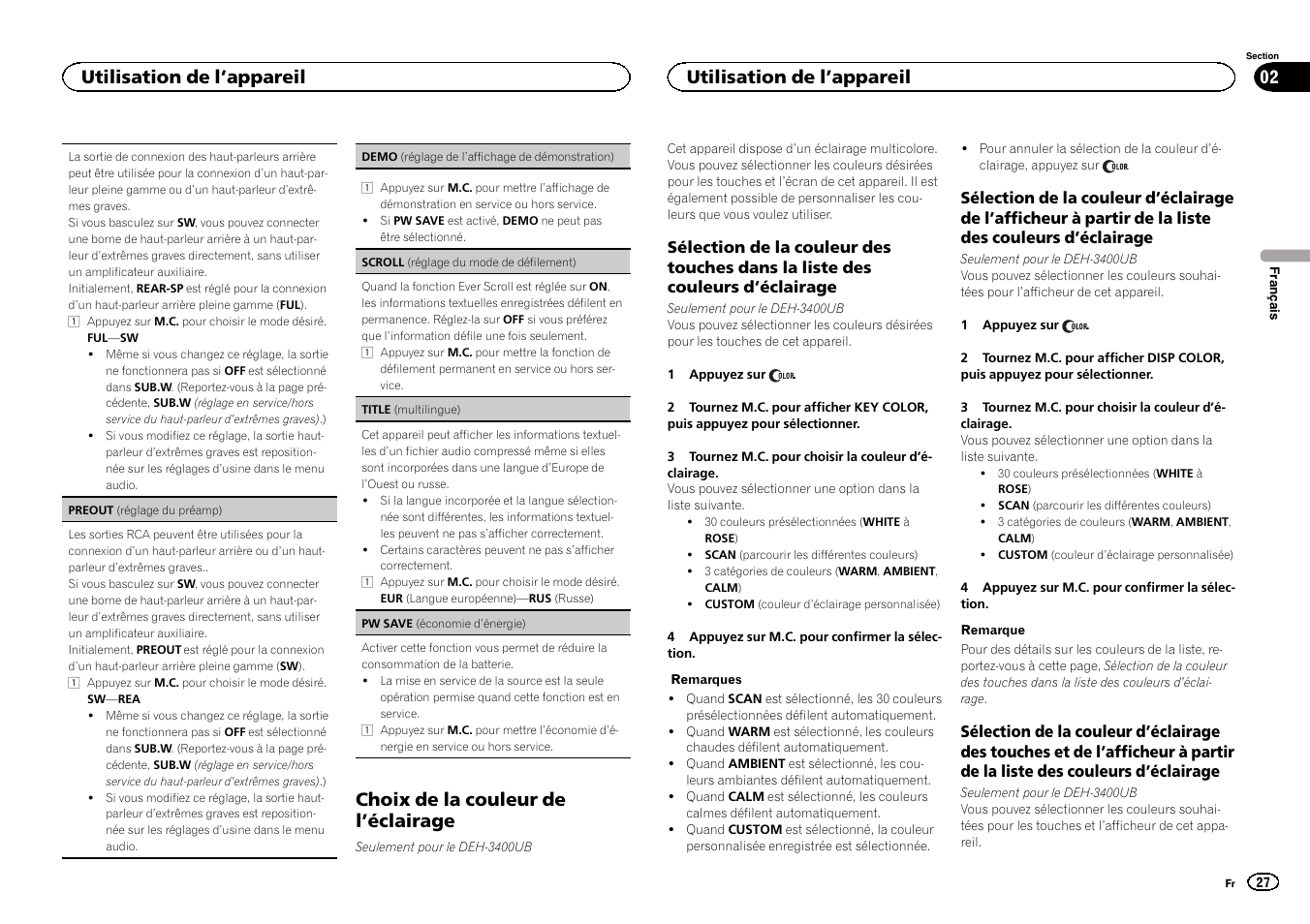 Demo (réglage de l, Fichage de démonstration), Choix de la couleur de l