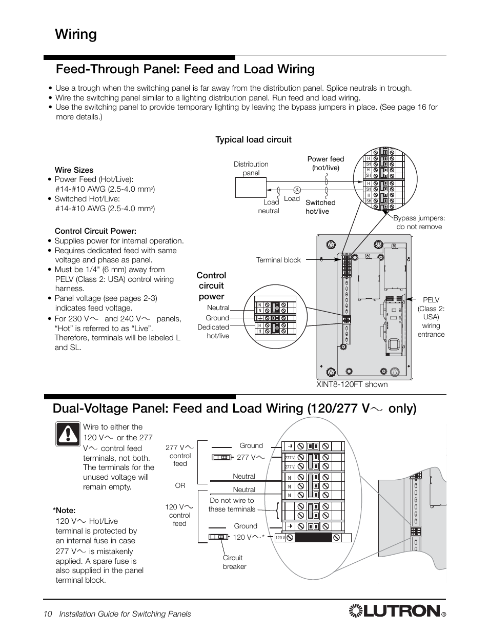 Wiring, Feed-through panel: feed and load wiring | Lutron Electronics