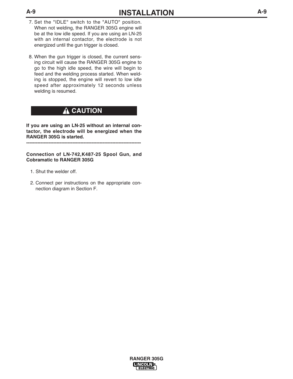 Installation, Caution | Lincoln Electric Ranger 305G User Manual | Page 17 / 49
