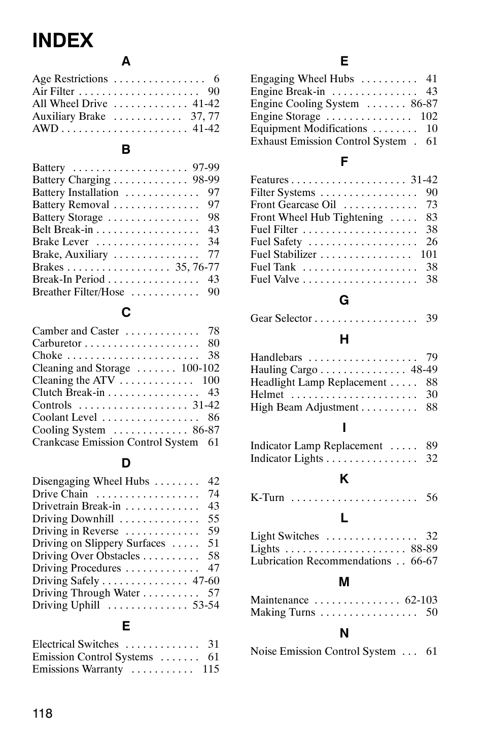 Index | Polaris Scrambler 500 4x4 User Manual | Page 121 / 122