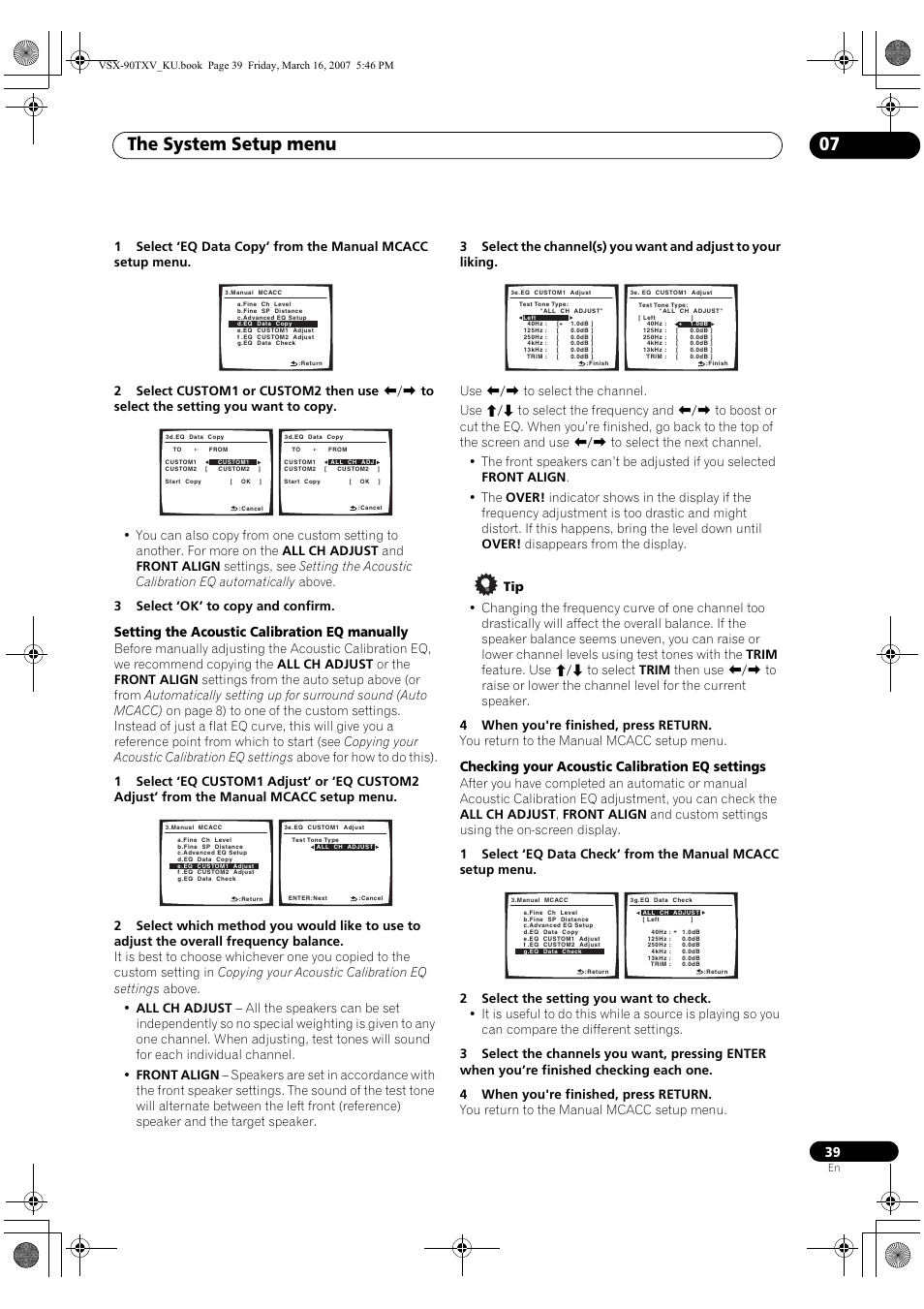 The system setup menu 07, Setting the acoustic calibration eq manually