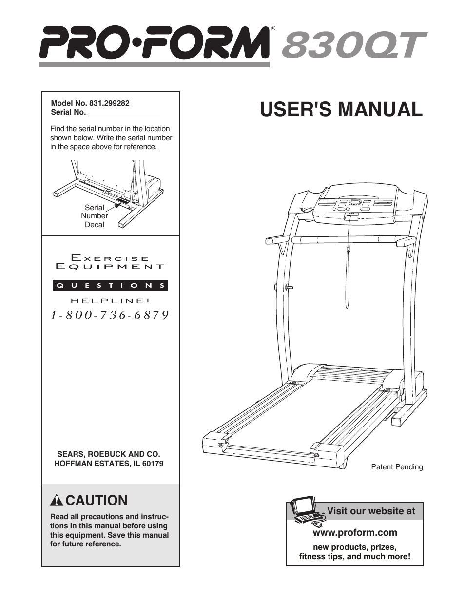 Proform 831. 24813. 0: treadmill user's manual.
