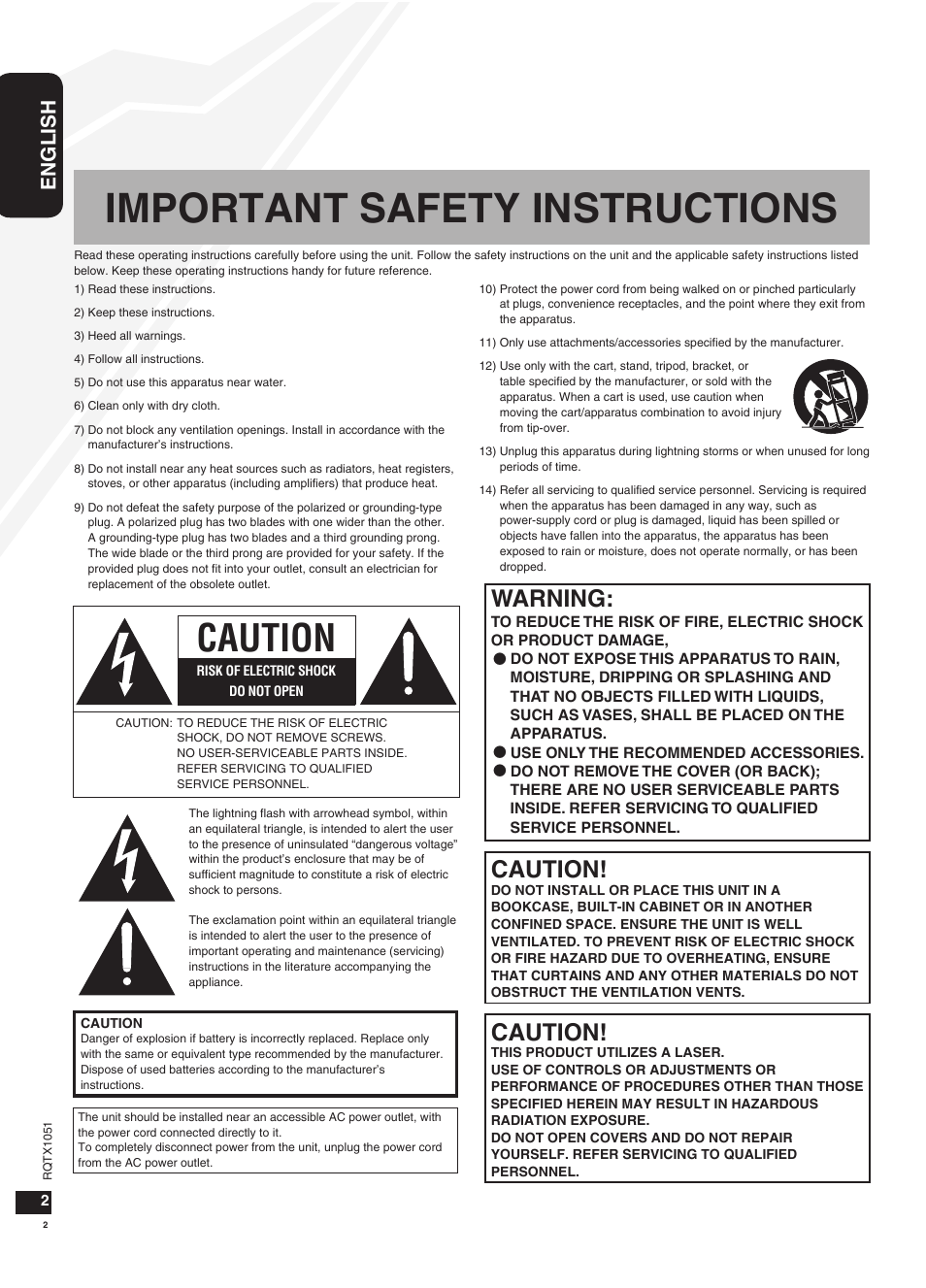 Important safety instructions, Caution, Warning | Panasonic SC-HC20