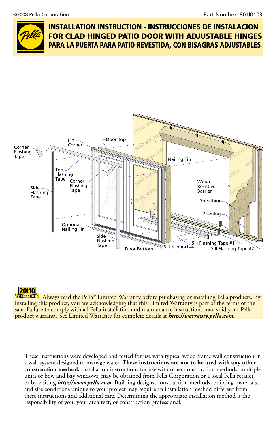Pella Clad Hinged patio Door With Adjustable HInges 80JJ0103 User
