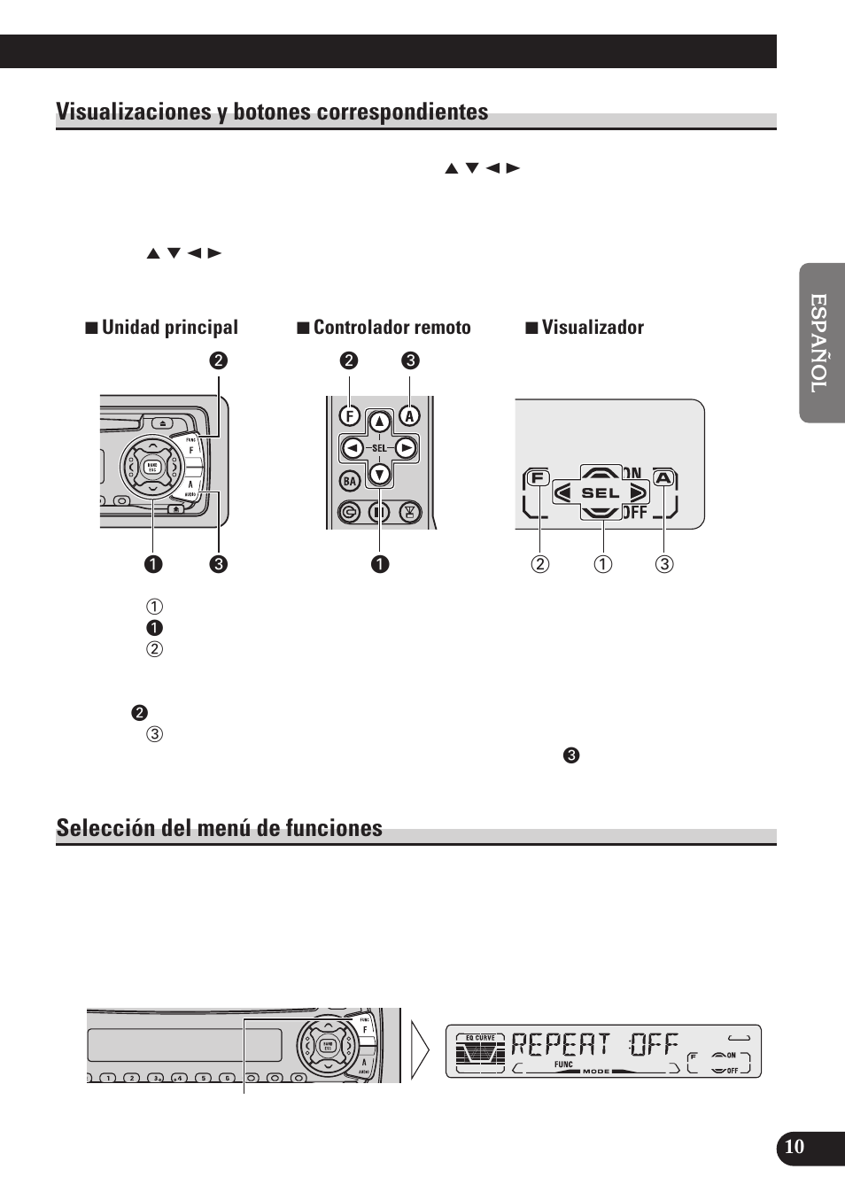 Visualizaciones y botones, Correspondientes, Selección del menú de