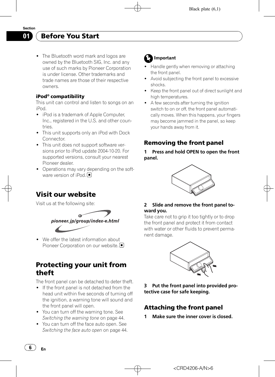 Visit our website, Protecting your unit from theft, Removing the front