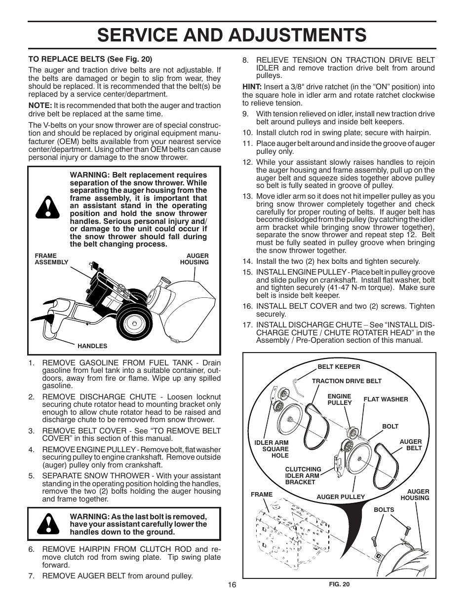 Service and adjustments | Poulan Pro PR627ES SNOW THROWER User Manual