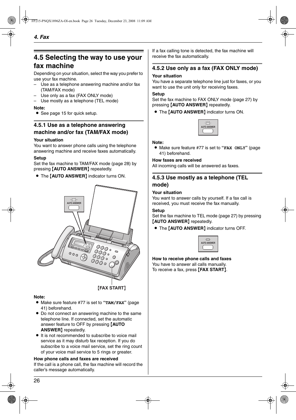 Receiving faxes, 5u00 selecting the way to use your fax machine