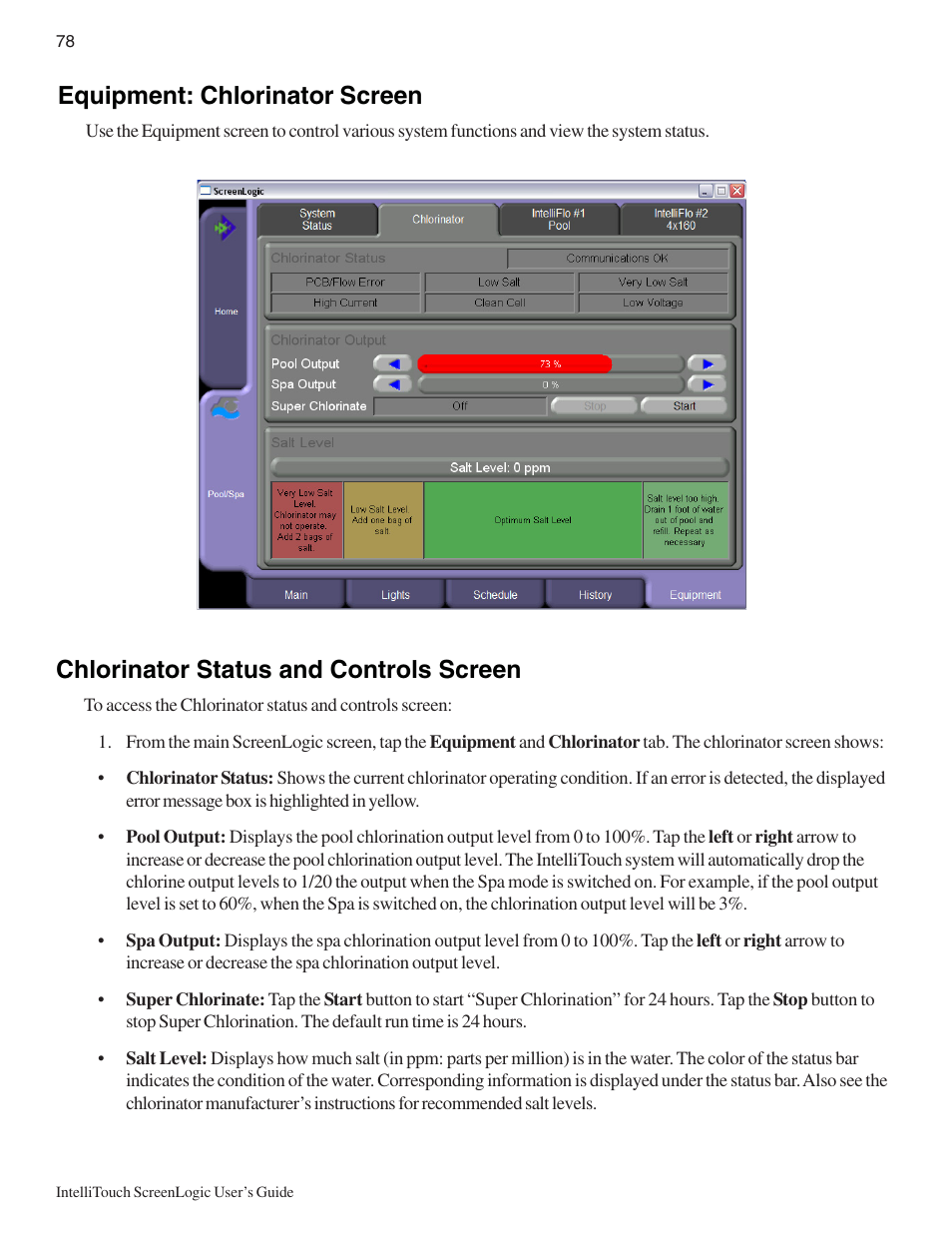 Equipment: chlorinator screen, Chlorinator status and controls screen