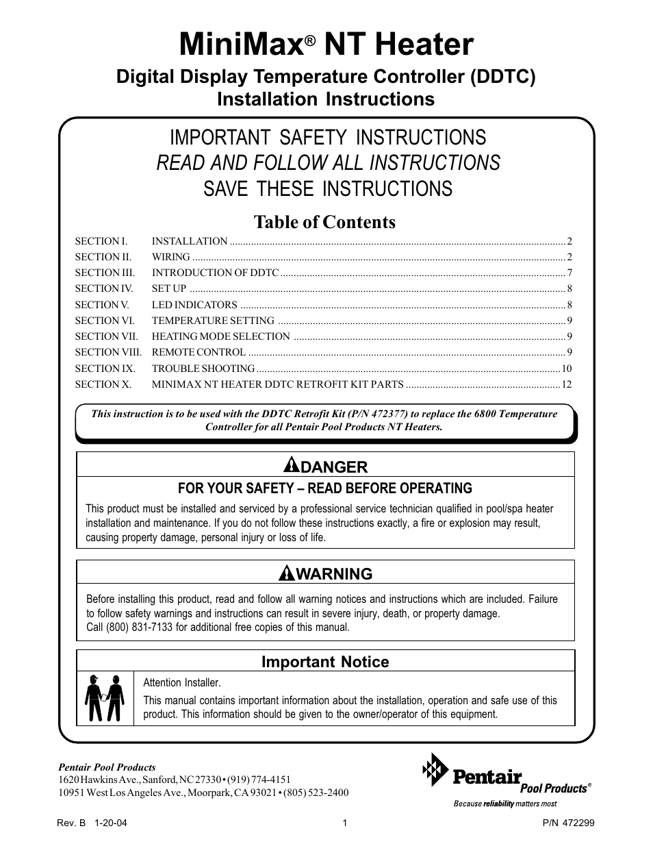 Pentair MiniMax NT Heater User Manual | 12 pages