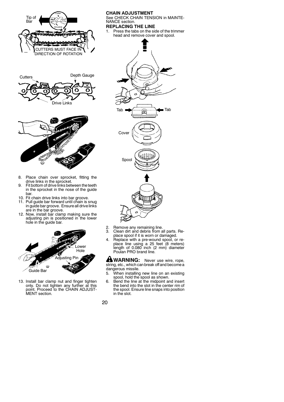 Warning | Poulan Pro PP338PT User Manual | Page 20 / 25