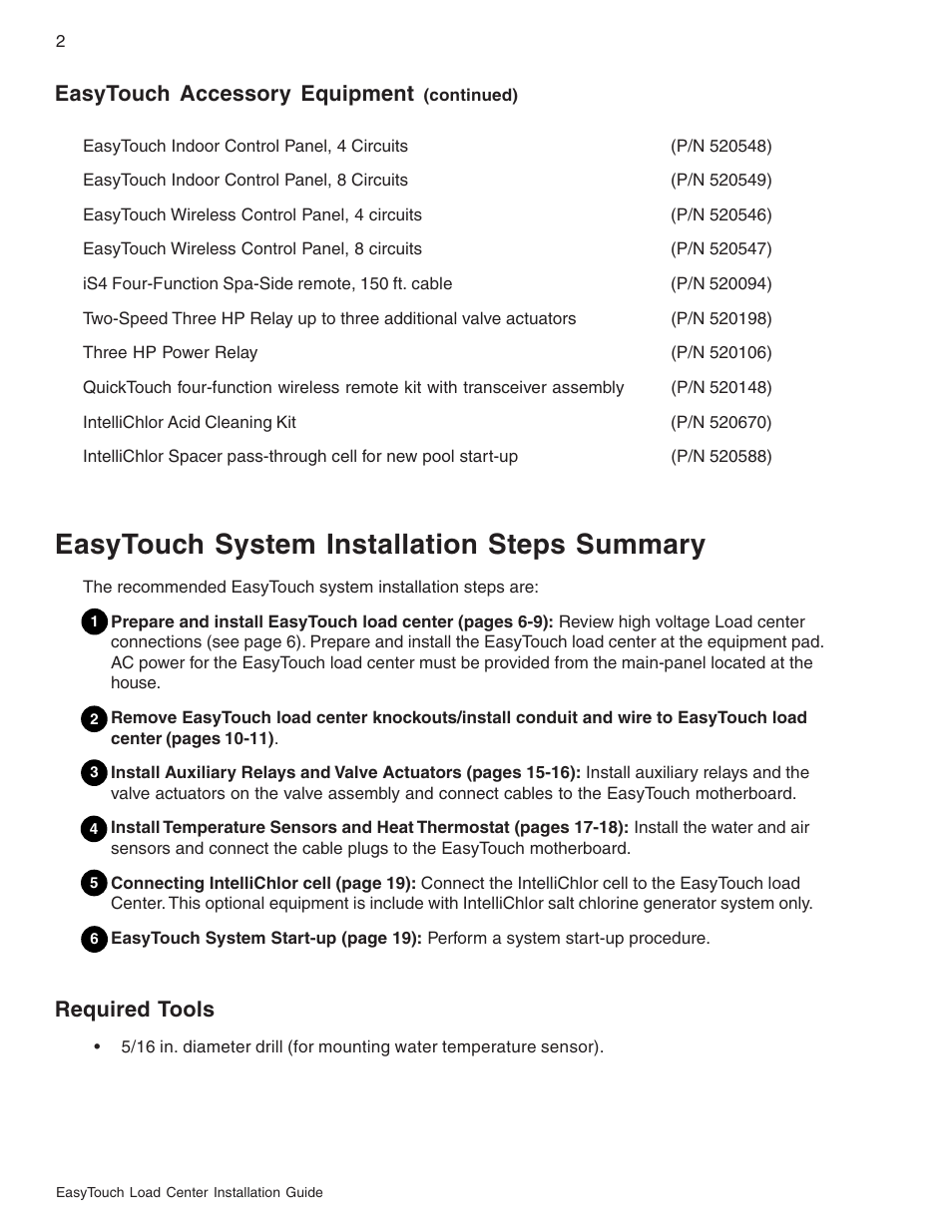 Easytouch system installation steps summary, Easytouch accessory