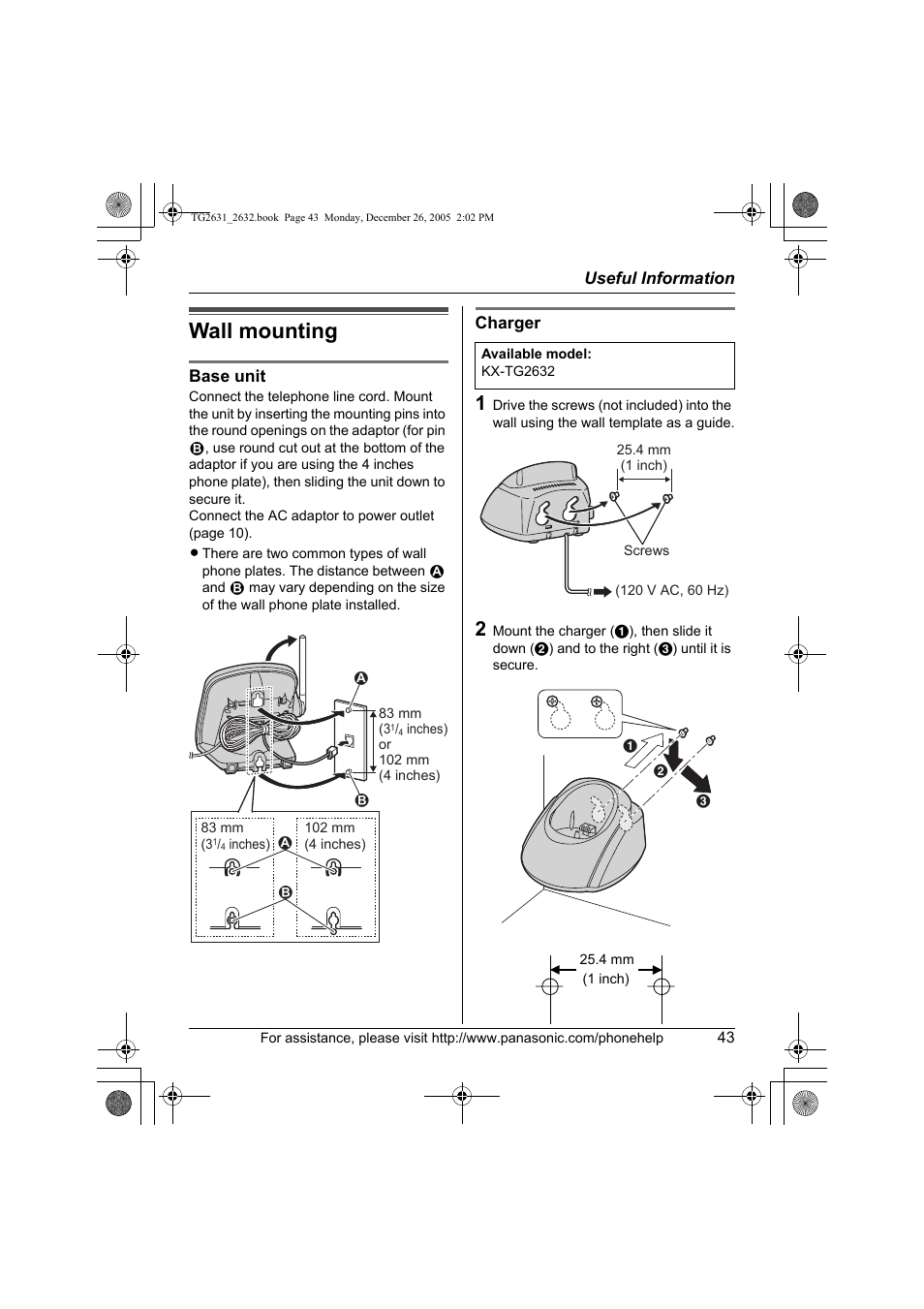 Useful information, Wall mounting | Panasonic 2.4 GHz Digital Cordless