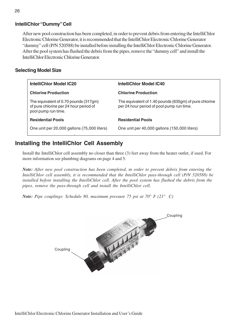 Installing the intellichlor cell assembly | Pentair IC20 User Manual