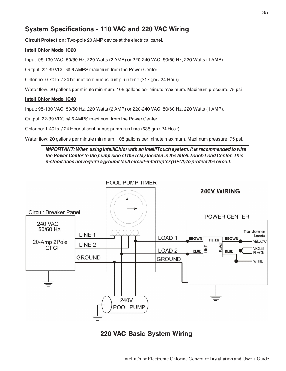 220 vac basic system wiring | Pentair IC20 User Manual | Page 43 / 48