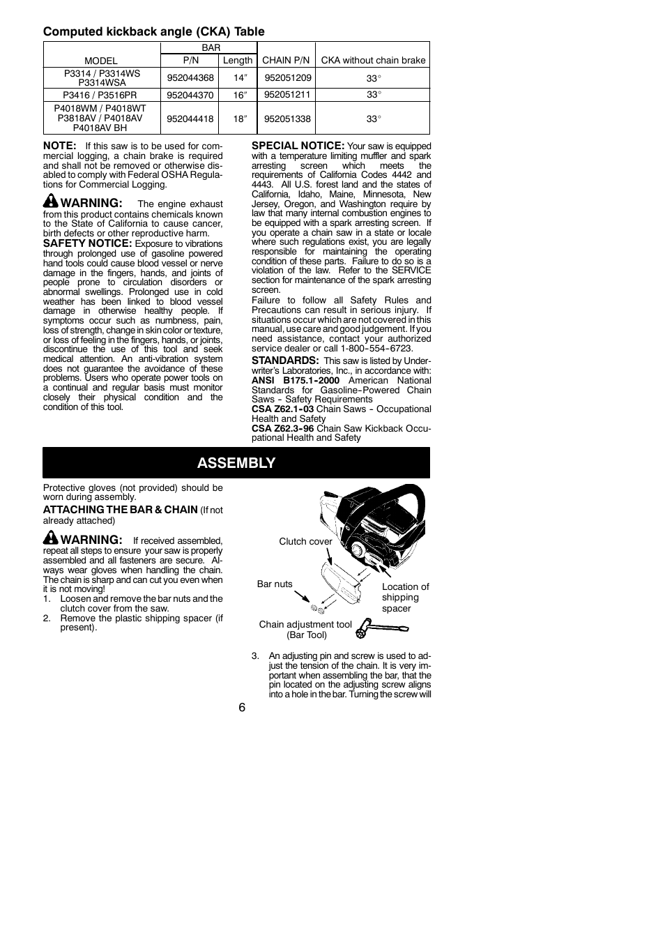 Assembly, 6computed kickback angle (cka) table, Warning | Poulan