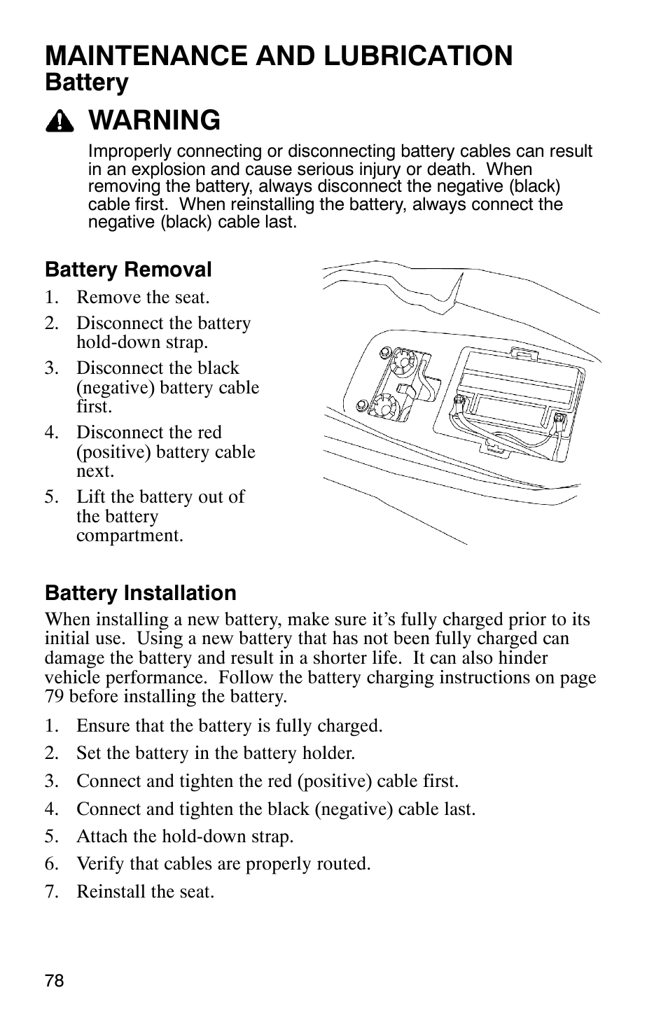 Maintenance and lubrication, Warning, Battery | Polaris PHOENIX 200