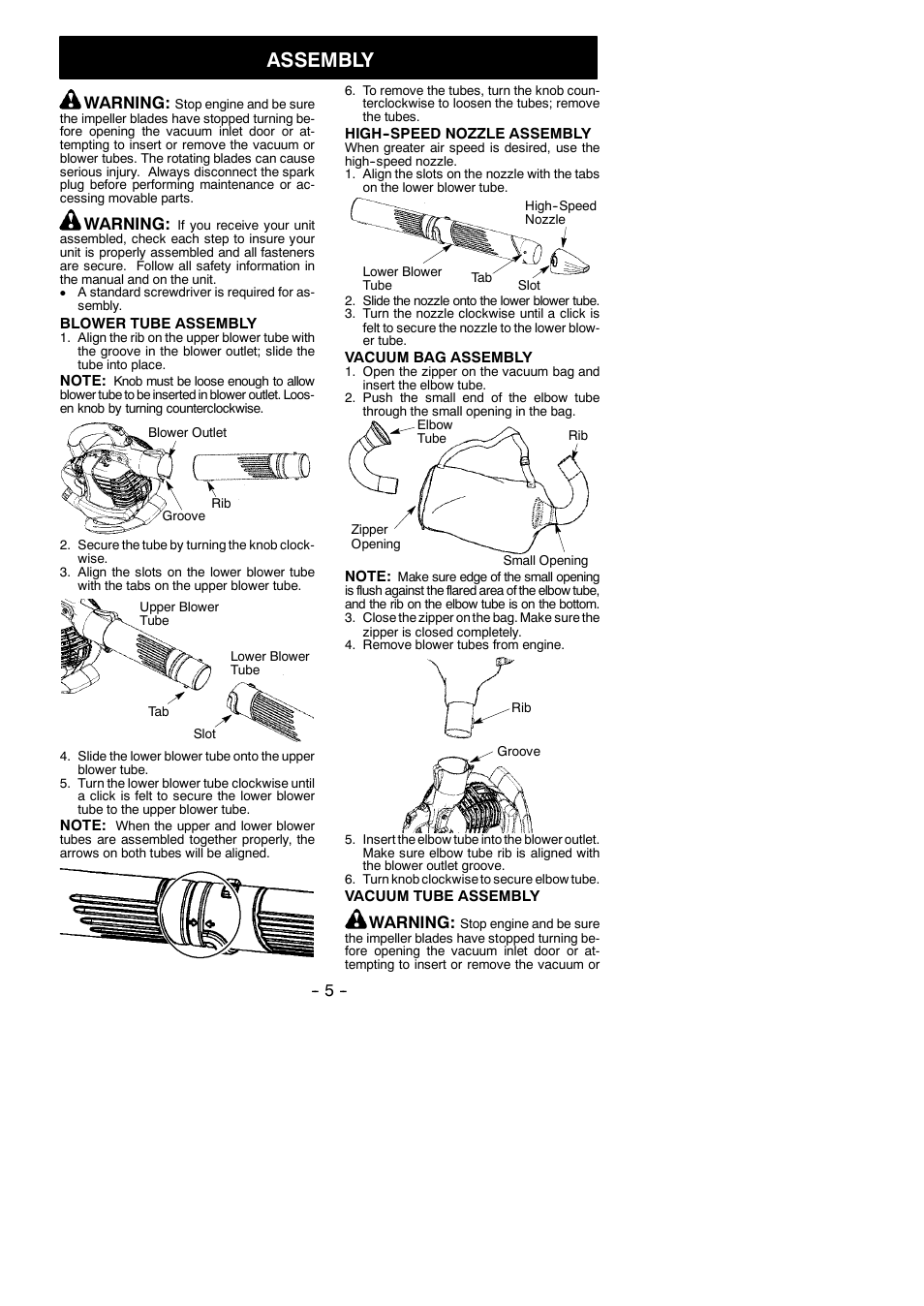 Assembly, Warning | Poulan Pro BVM200VS User Manual | Page 5 / 14