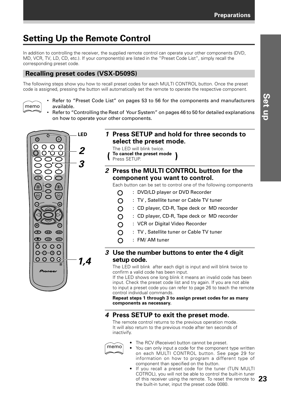 Setting up the remote control, Set up, 4 press setup to exit the preset