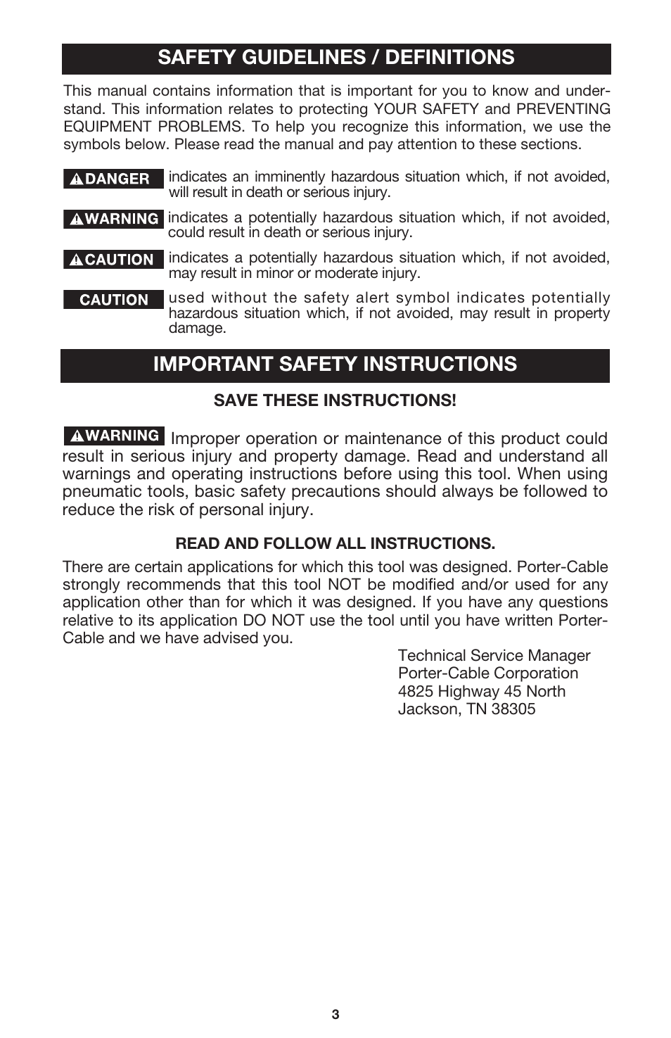 Safety guidelines / definitions, Important safety instructions | Porter