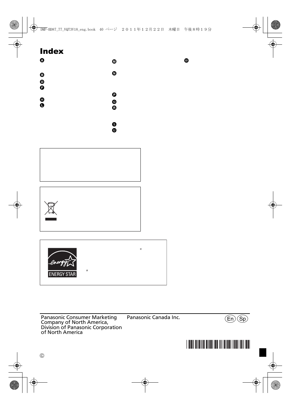 Index, Vqt3v18 | Panasonic DMP-BD871 User Manual | Page 40 / 40