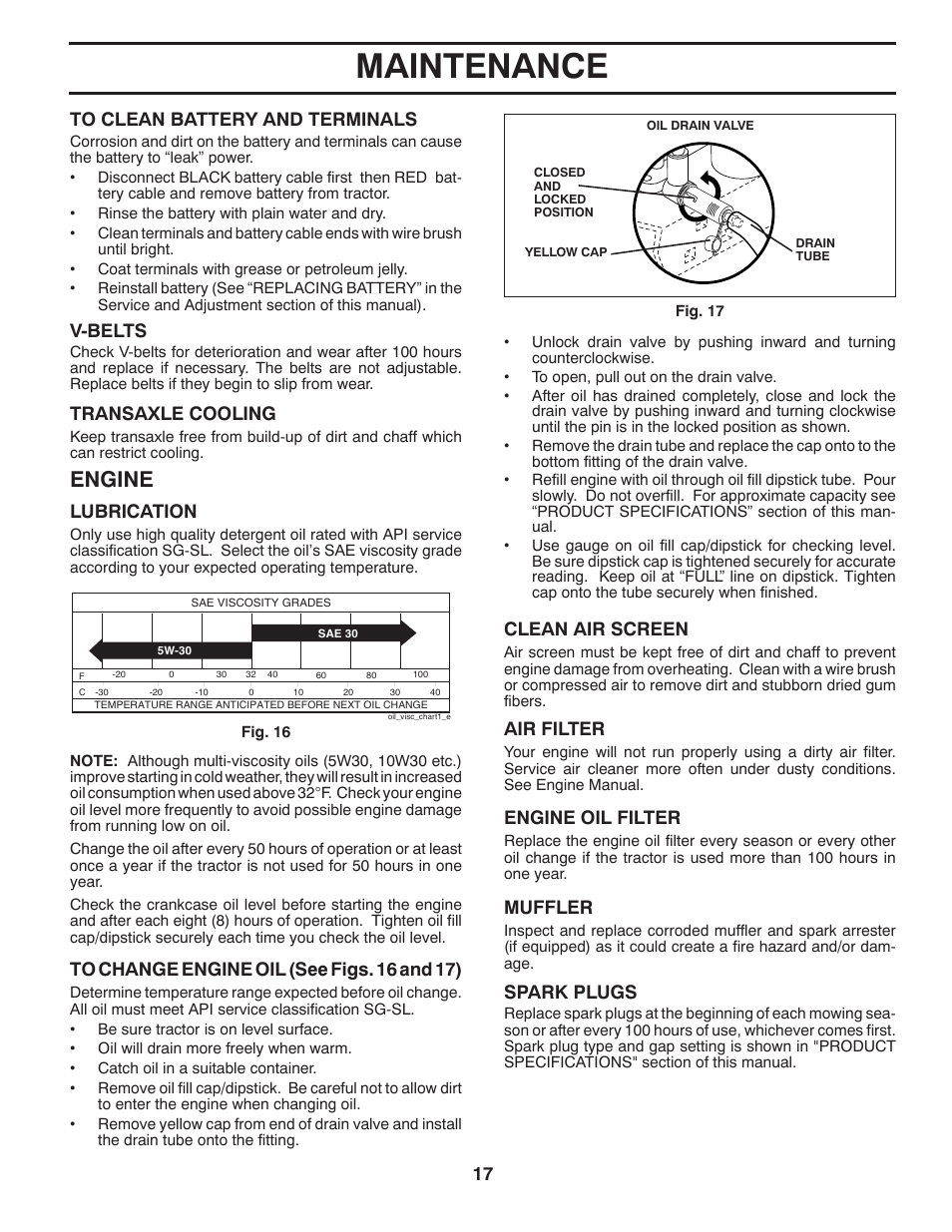 Maintenance, Engine, V-belts | Poulan Pro PP18542 User Manual | Page 17