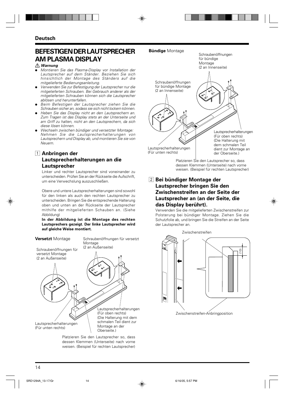 Befestigen der lautsprecher am plasma display, Deutsch | Pioneer PDP