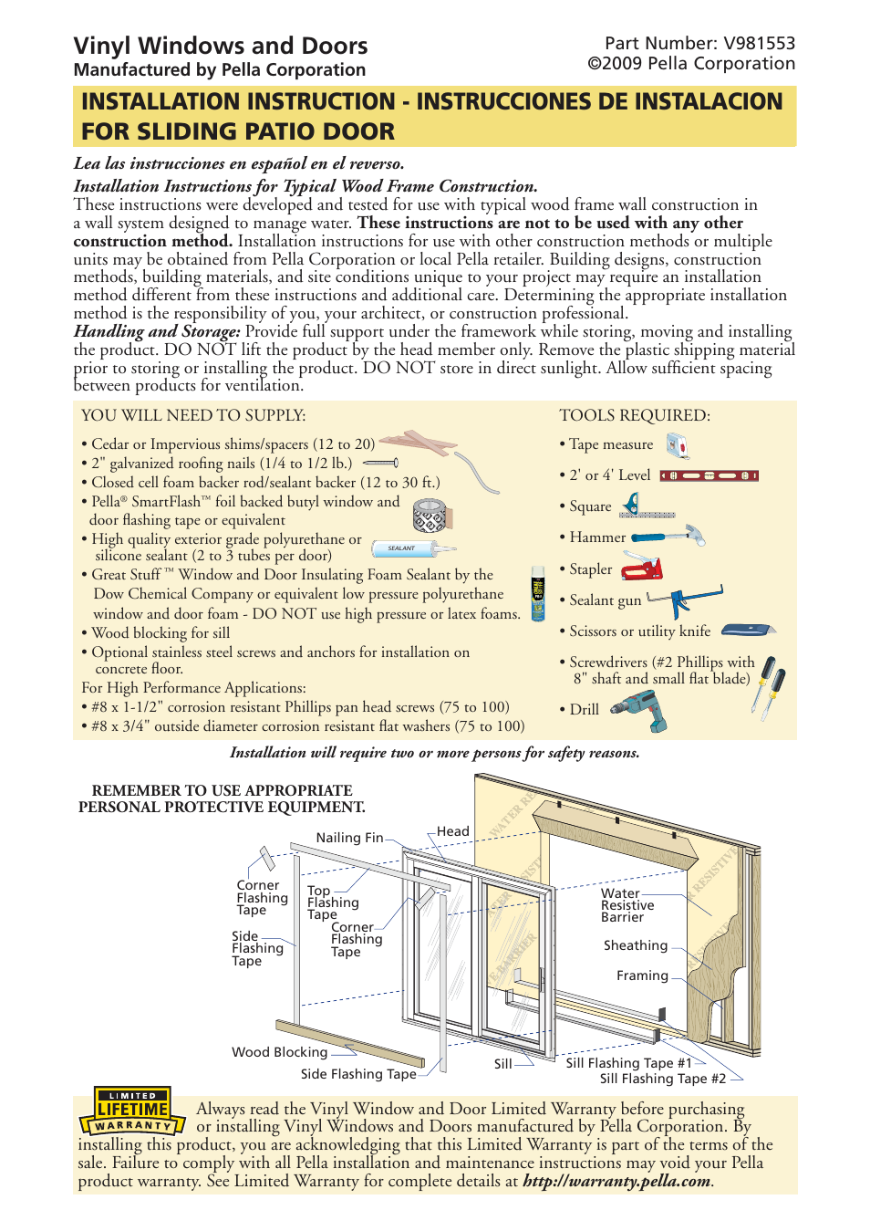 Pella Sliding Patio Door V981553 User Manual 9 pages