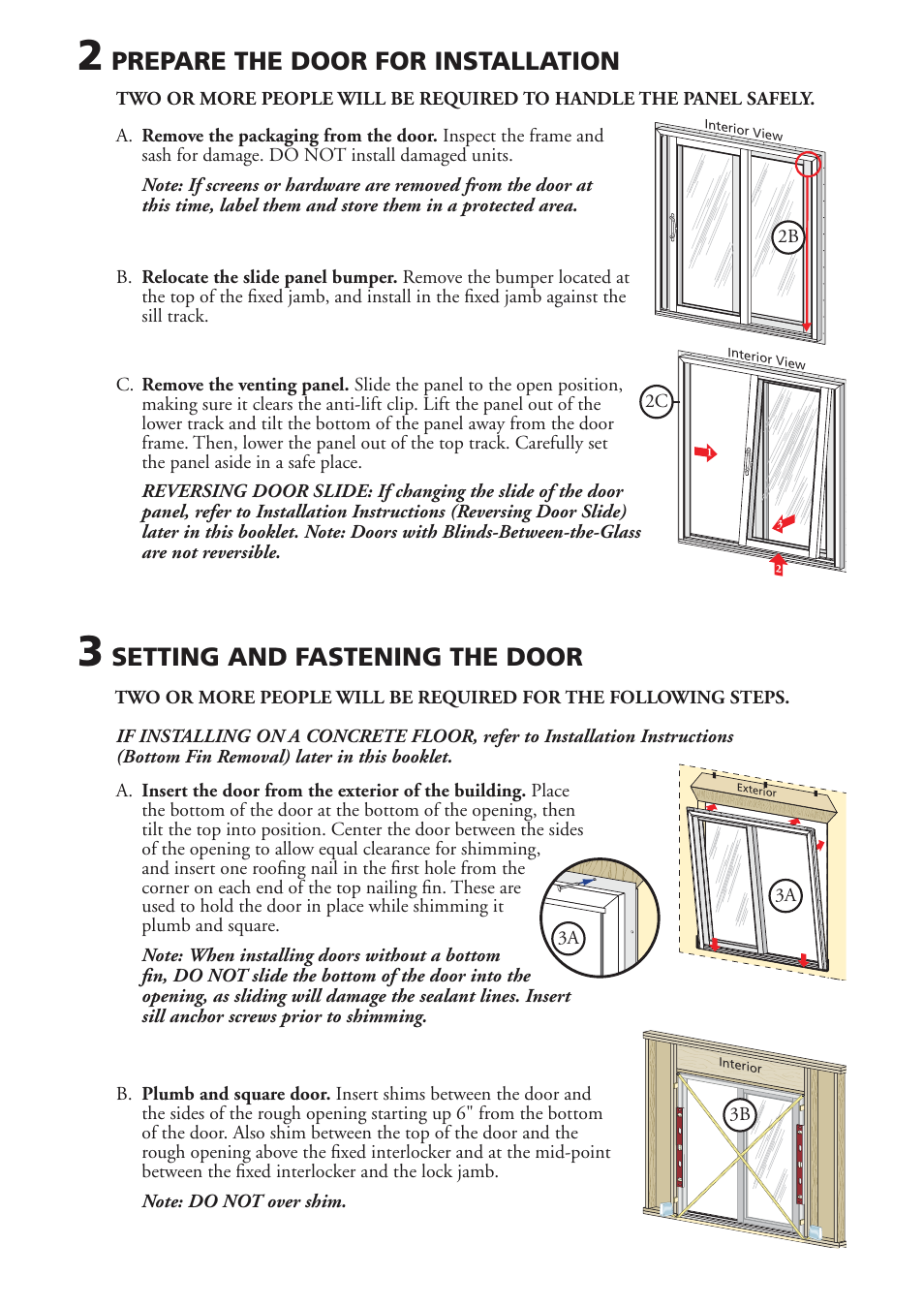Prepare the door for installation, Setting and fastening the door Pella Sliding Patio Door