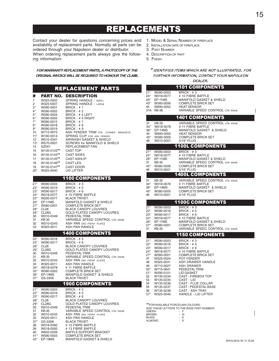 Replacements Replacement Parts 1100 Components Napoleon