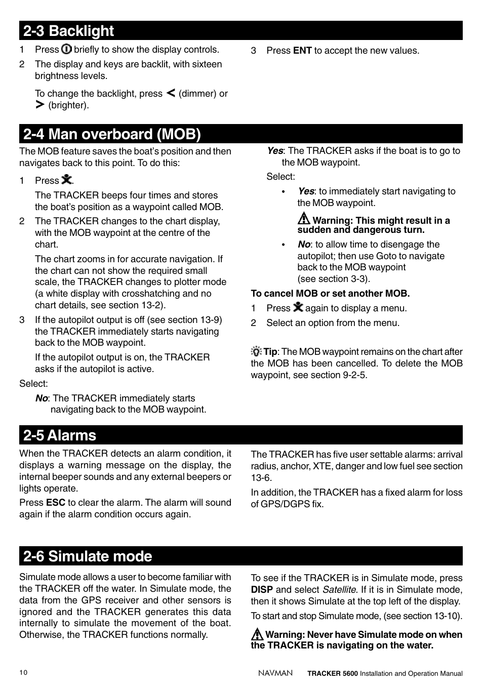 6 simulate mode, 5 alarms, 4 man overboard (mob) | Navman tracker plotter TRACKER 5600 User Manual | Page 10 / 42