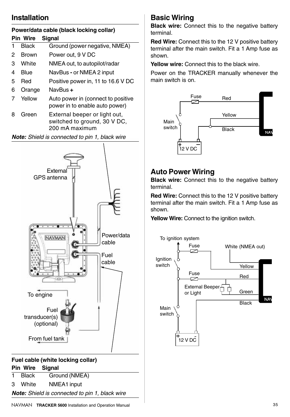 Installation, Auto power wiring, Basic wiring | Navman tracker plotter
