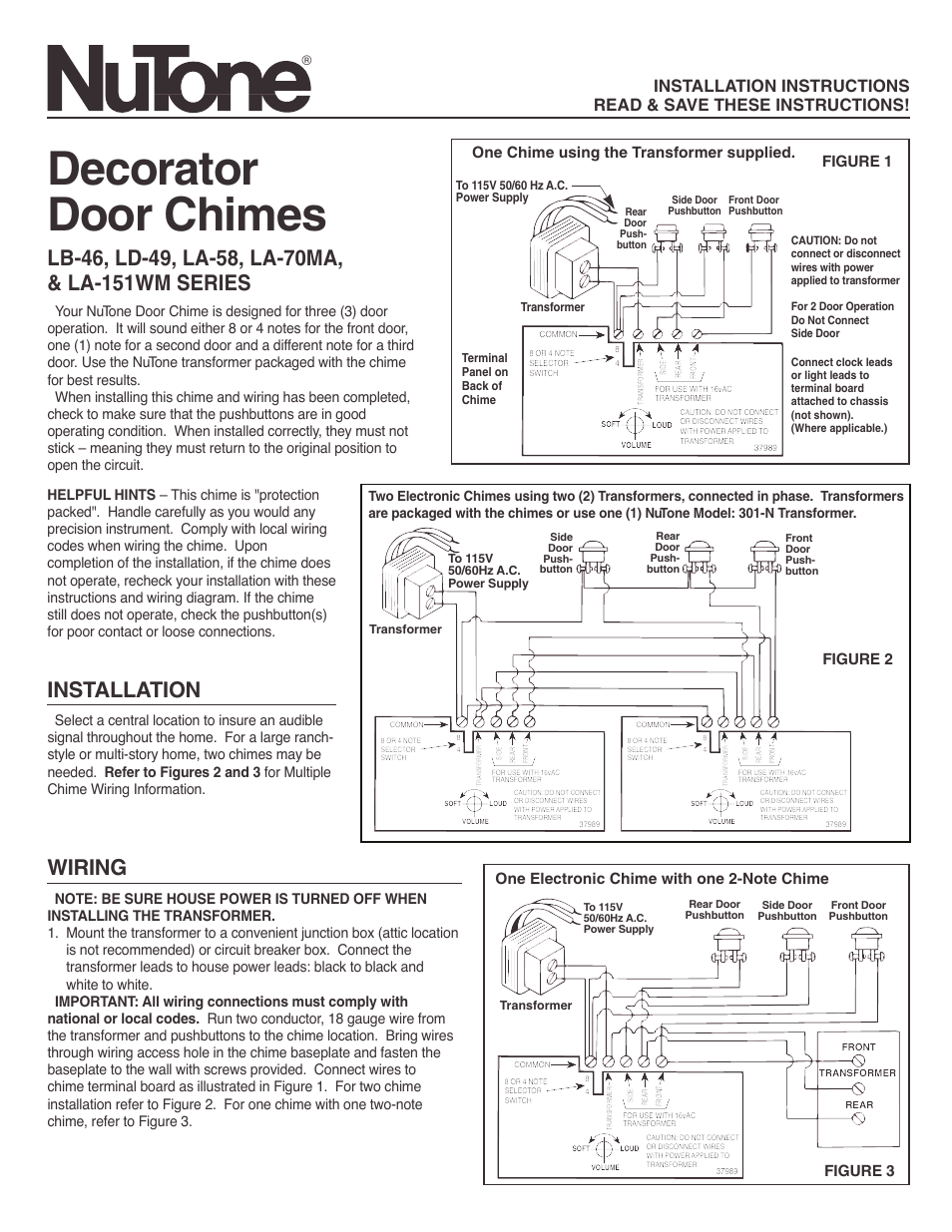 NuTone DECORATOR DOOR CHIMES LA-58 User Manual | 2 pages | Also for