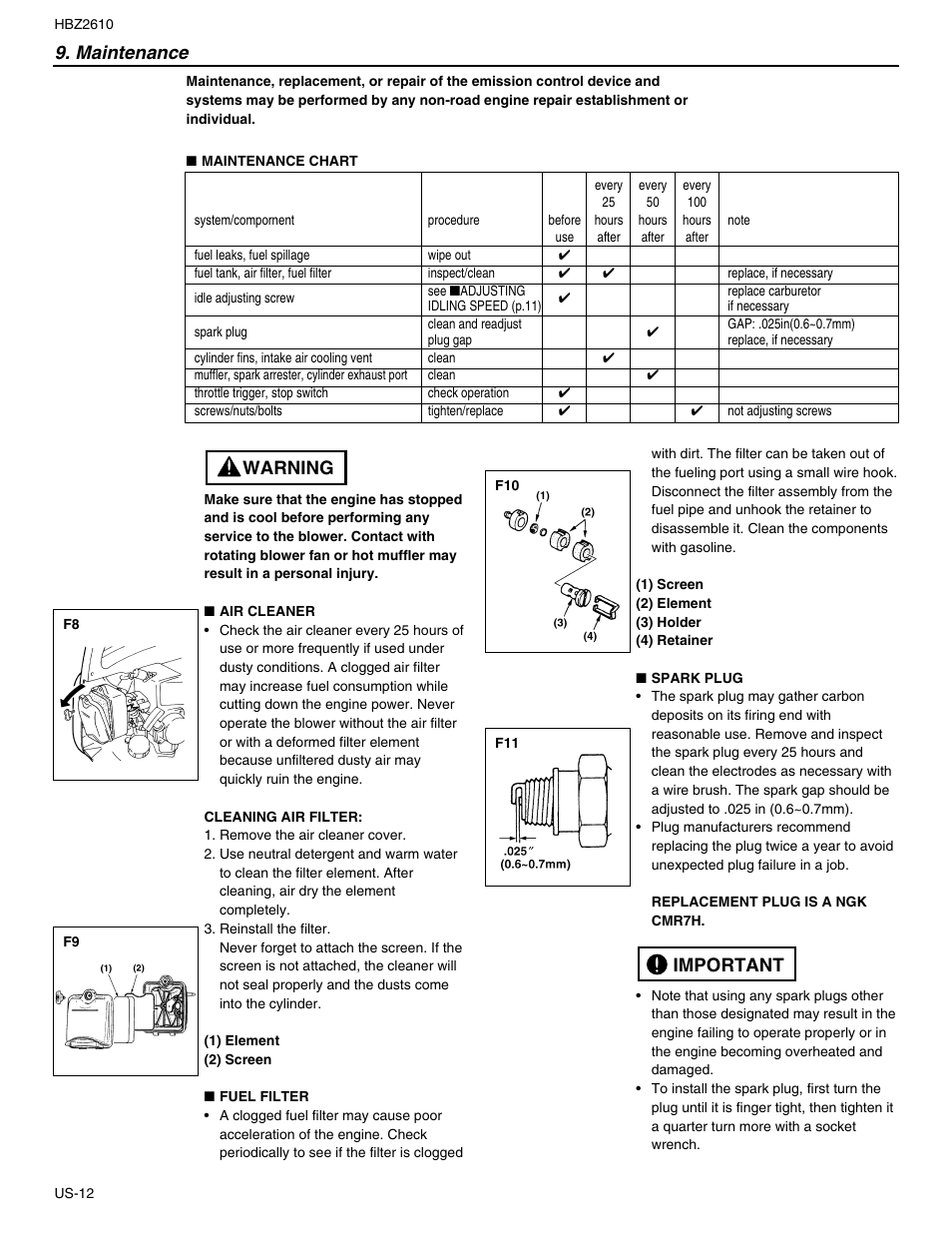 Redmax Blower Spark Plug Chart