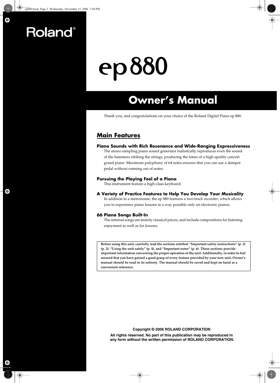 Owner’s manual, P. 3), Main features | Roland EP-880 User Manual | Page
