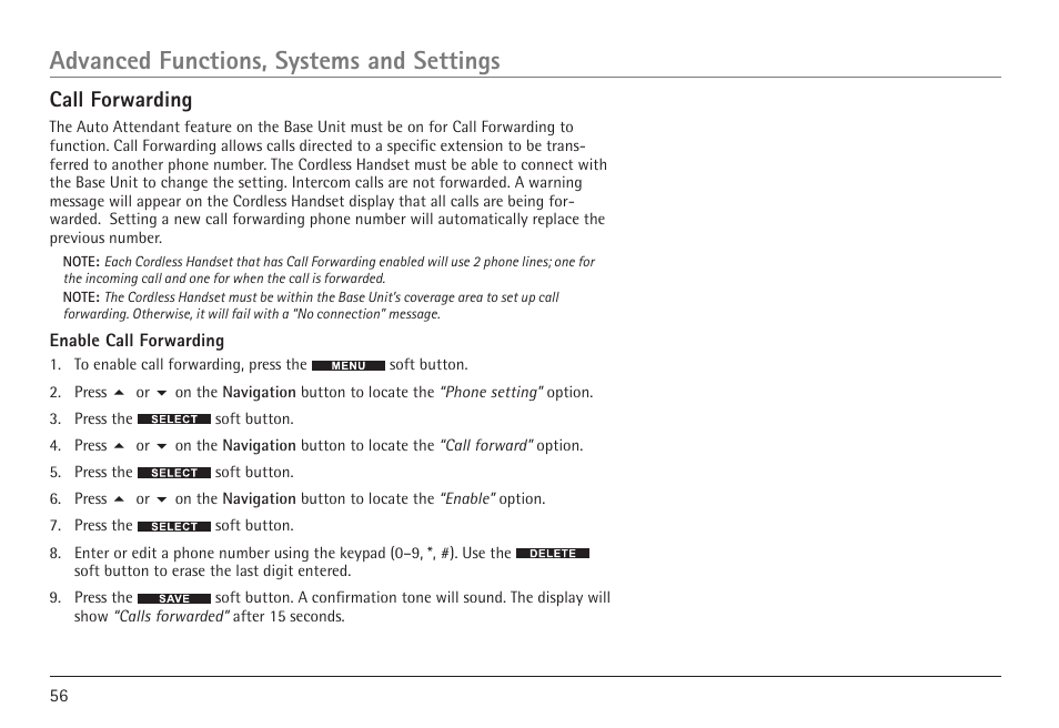 Advanced functions, systems and settings, Call forwarding | RCA VISYS