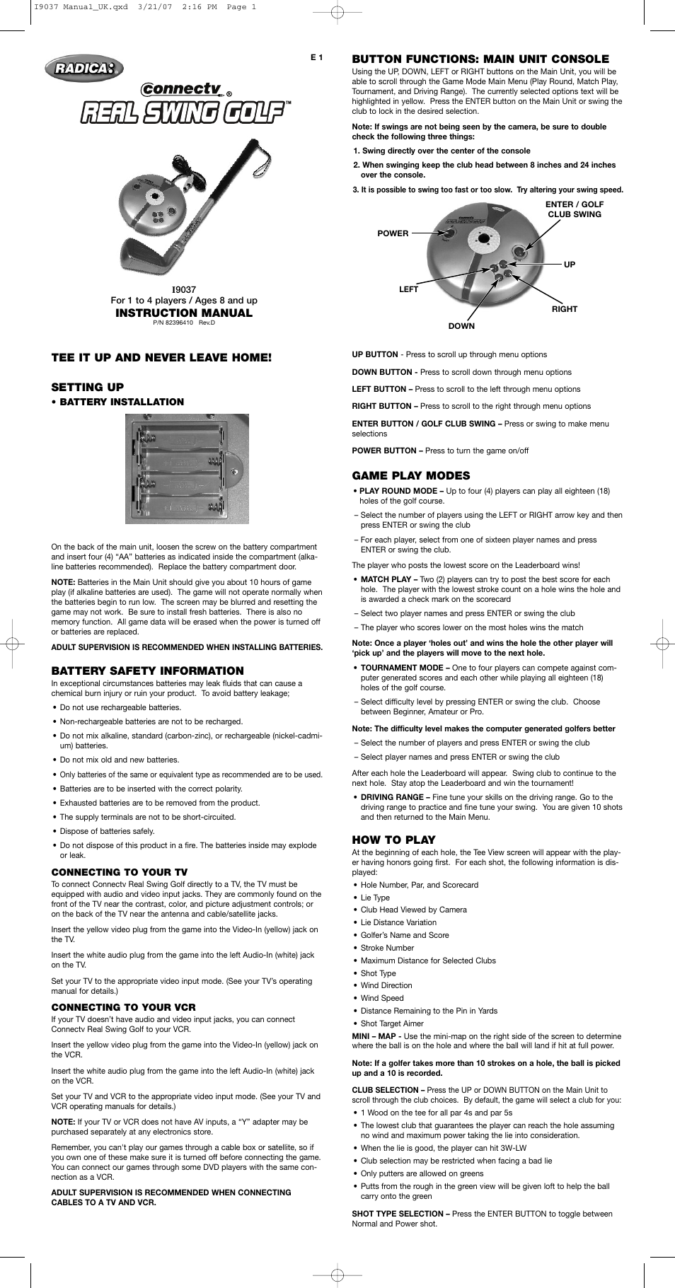 Radica Games Real Swing Golf I9037 User Manual 2 Pages