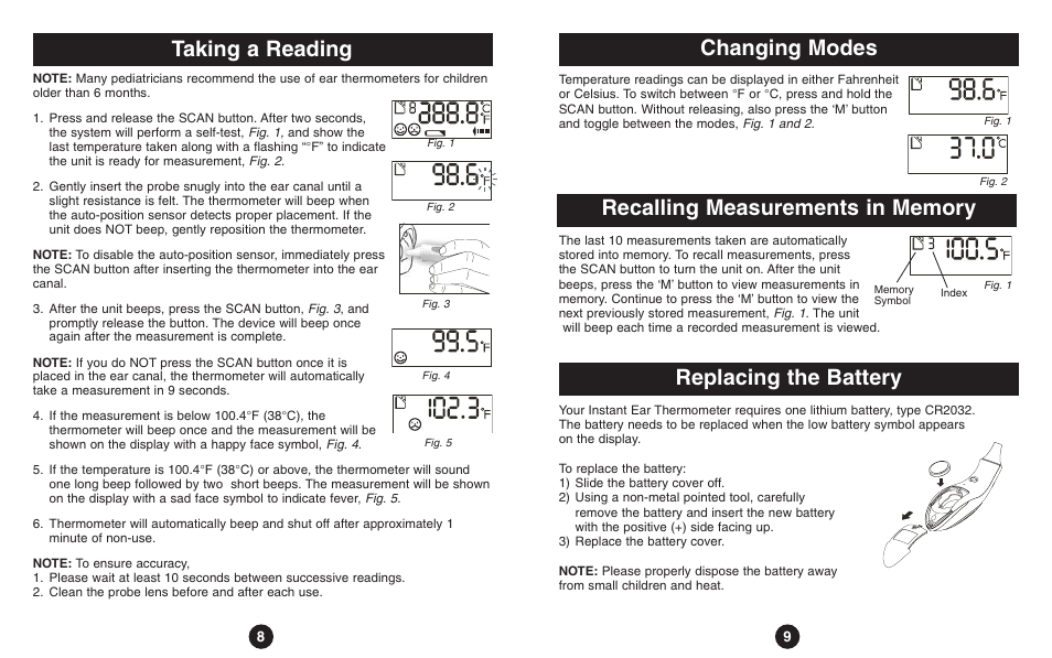 Taking a reading, Changing modes, Replacing the battery | ReliOn