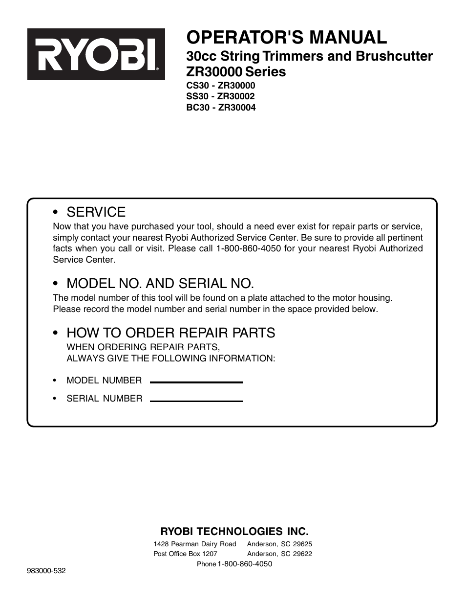 Operator's manual, Service, Model no. and serial no | Ryobi CS30