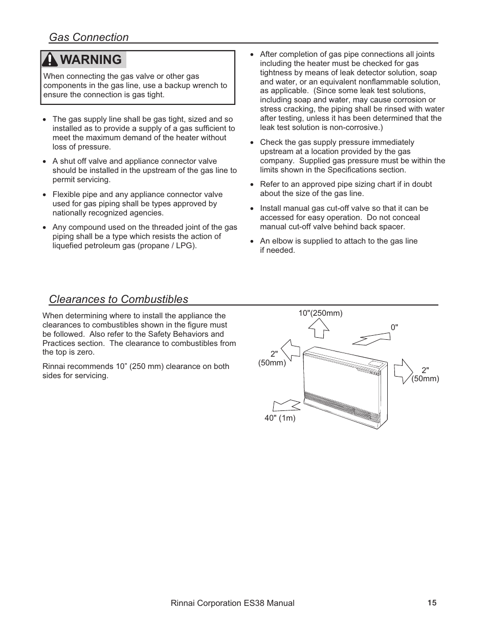 Warning, Gas connection, Clearances to combustibles | Rinnai