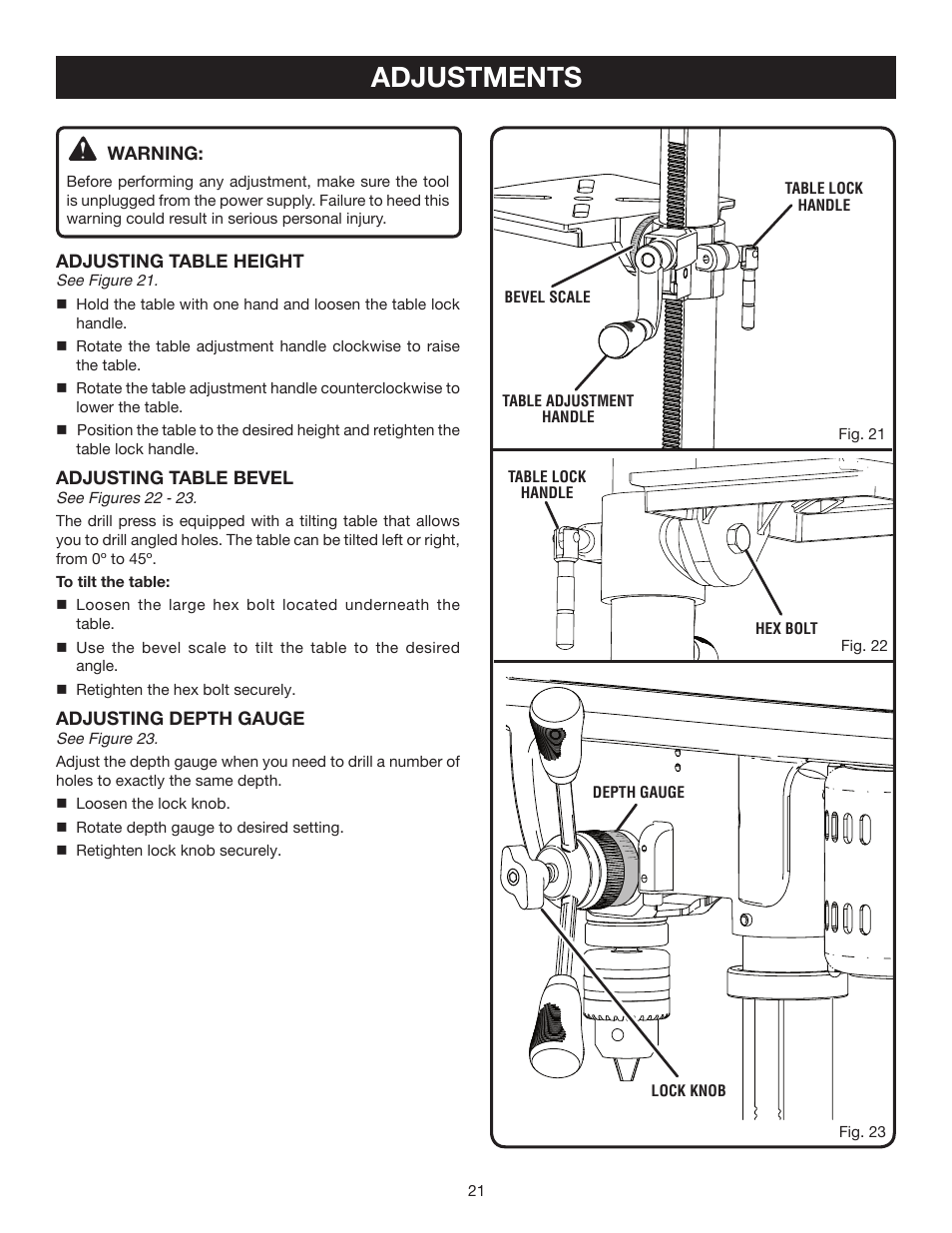 Adjustments | Ryobi DP102L User Manual | Page 21 / 26