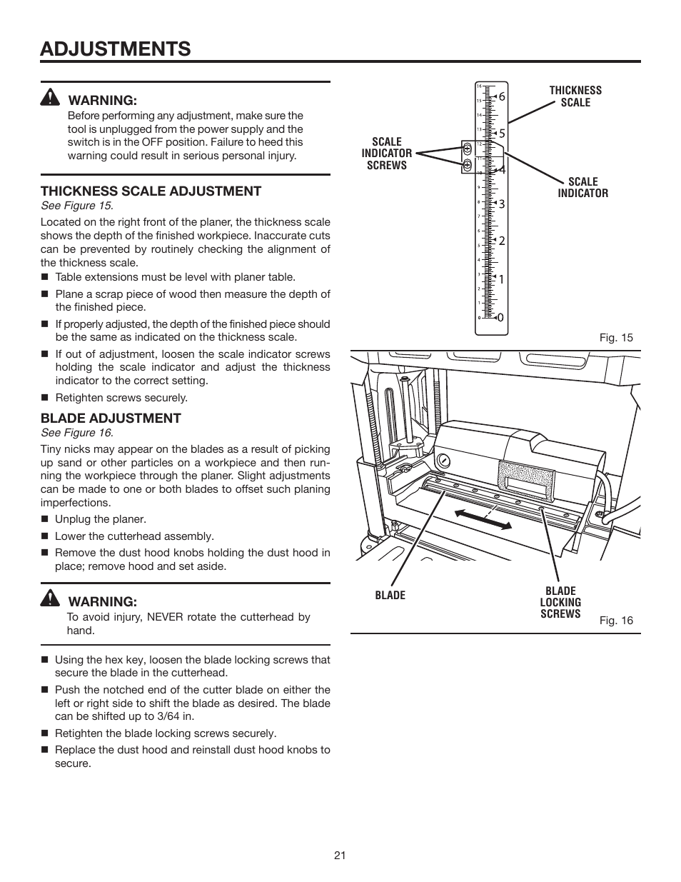 Adjustments | RIDGID 13 in. THICKNESS PLANER R4330 User Manual | Page