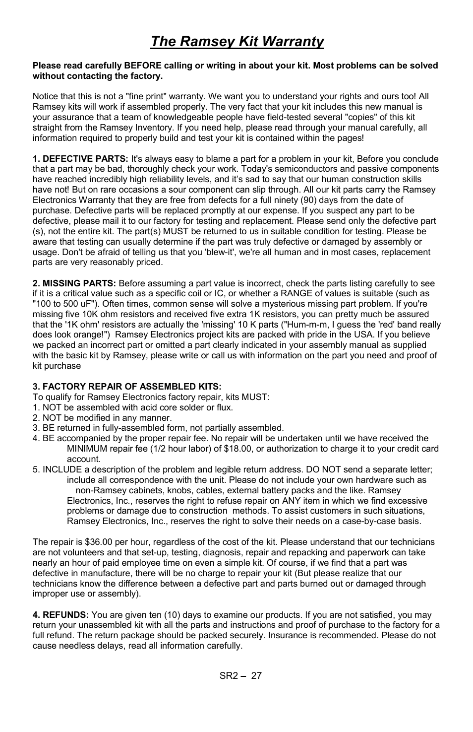 The ramsey kit warranty | Ramsey Electronics SR2 User Manual | Page 27 / 28
