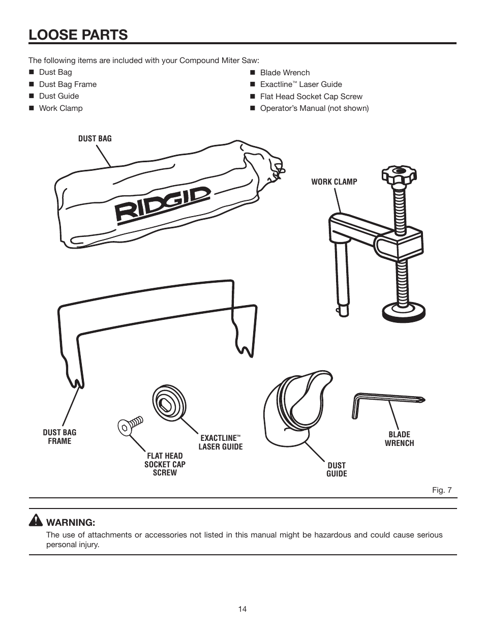 Loose parts | RIDGID MS1290LZ1 User Manual | Page 14 / 40