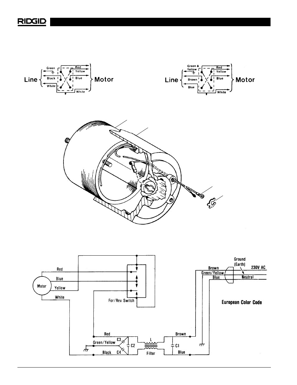 Installation of brush lead wires, Wiring schematic (230v) - with line
