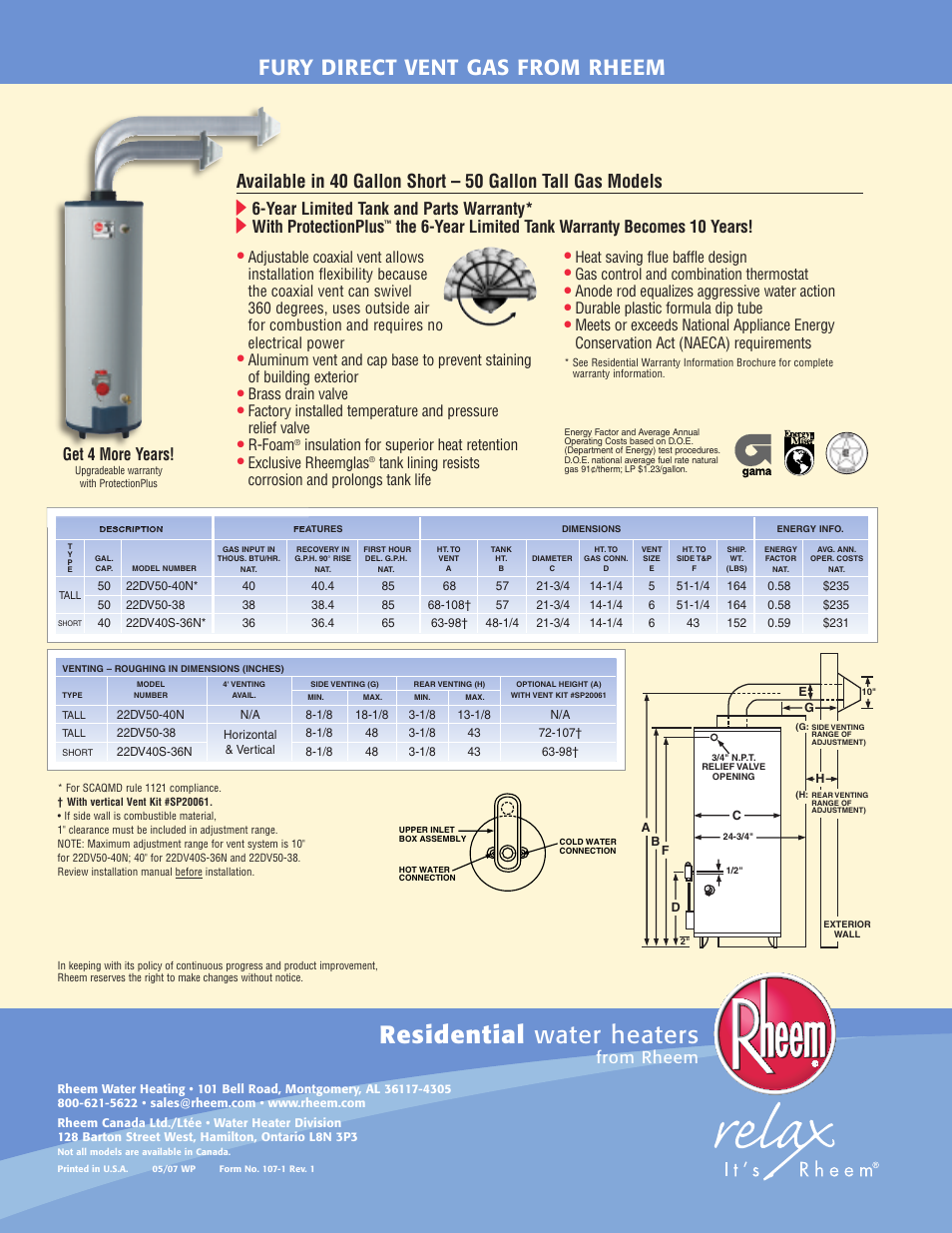 Residential water heaters, Fury direct vent gas from rheem, Get 4 more