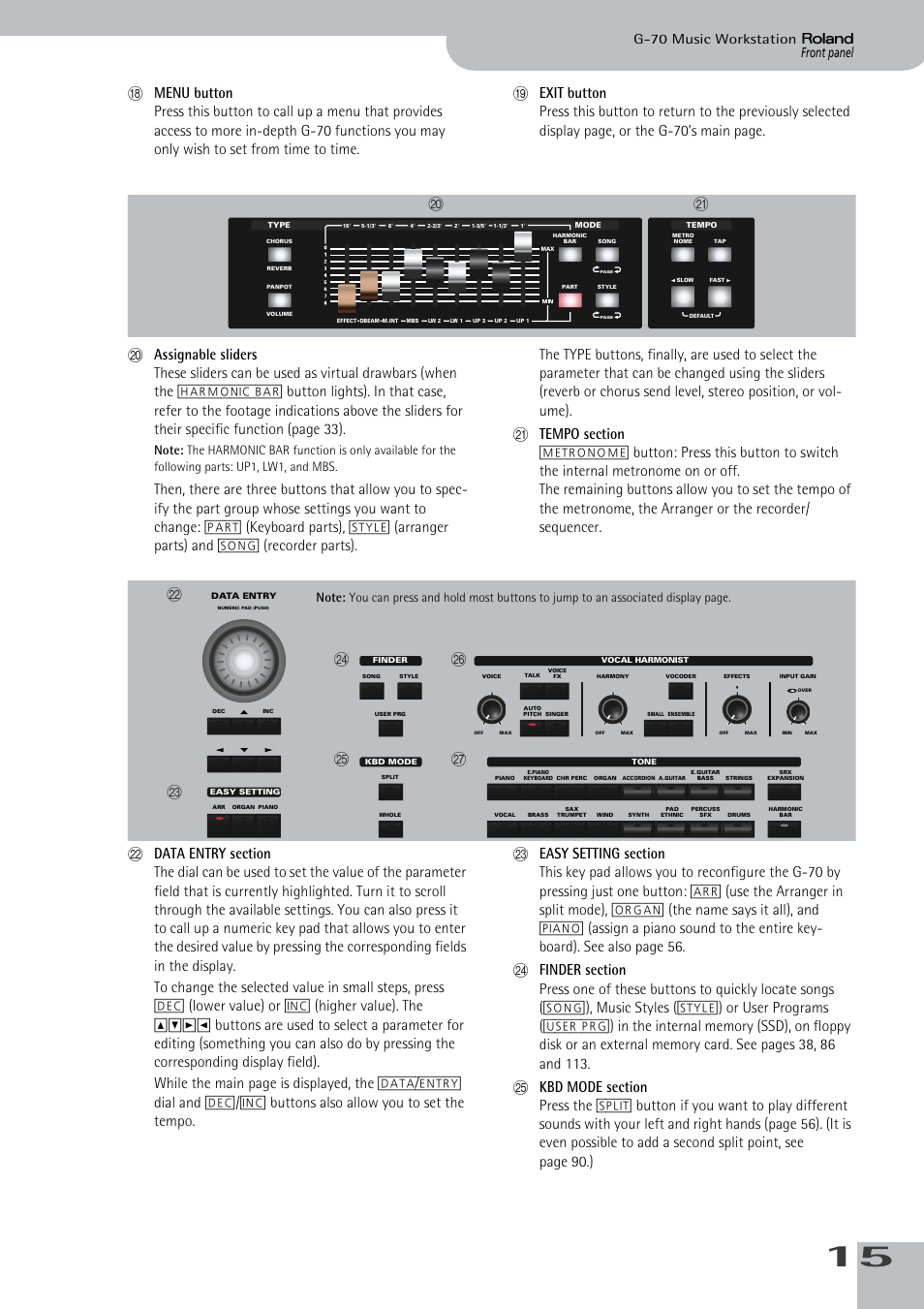 Front panel g-70 music workstation | Roland G-70 User Manual | Page 15