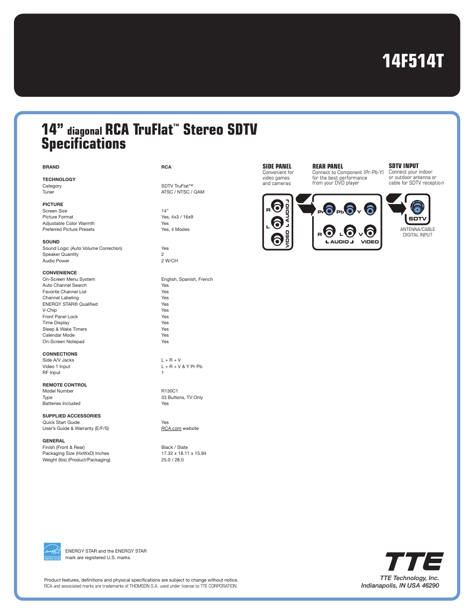 Rca truflat, Stereo sdtv specifications, Diagonal | RCA TruFlat 14F514T