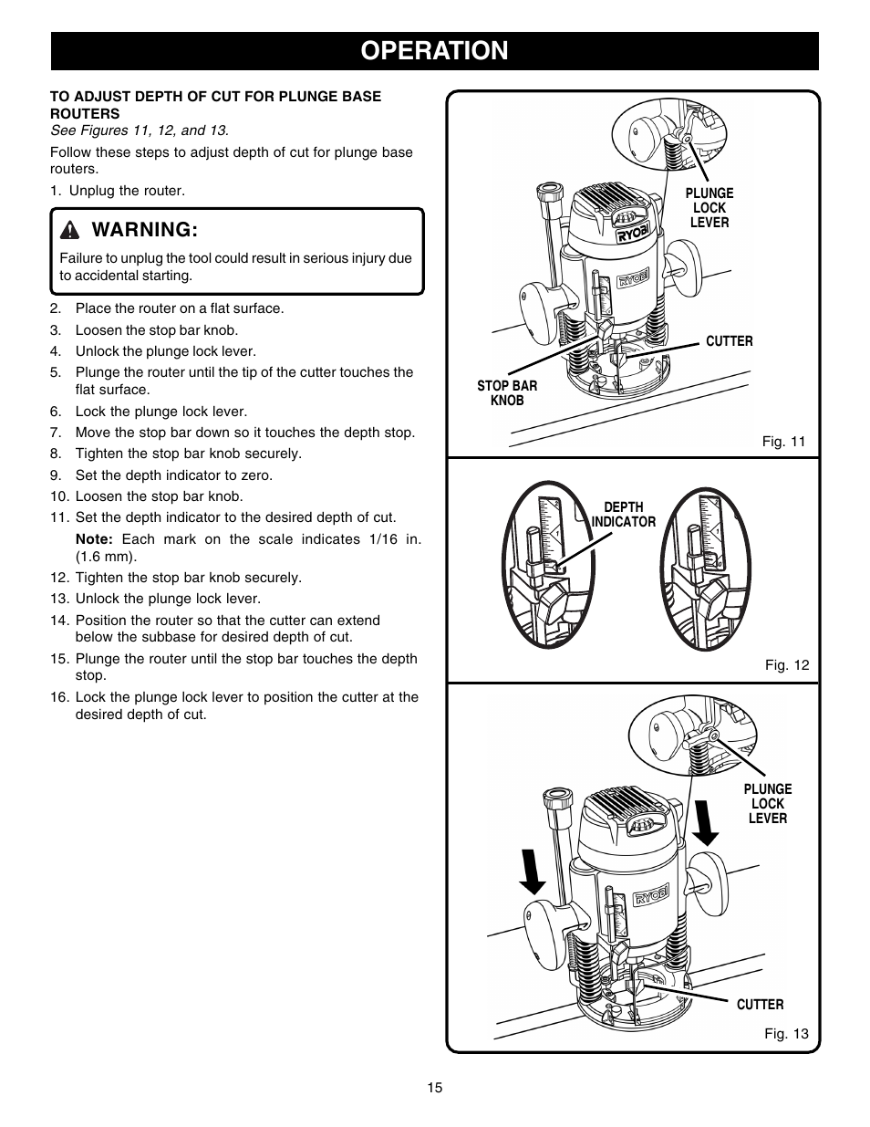 Operation, Warning | Ryobi R181FB1 User Manual | Page 15 / 24